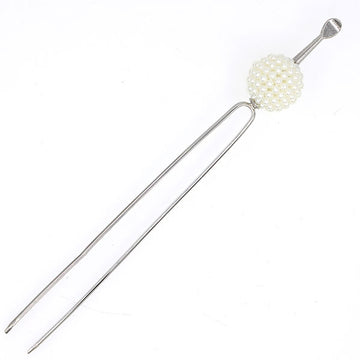 Geisha Earpick Style 2-Prong Metal Hair Stick Fork w/ Beaded Ball White